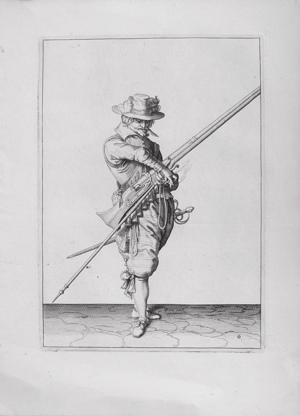 stampa antica soldato moschetto miccia de gheyn