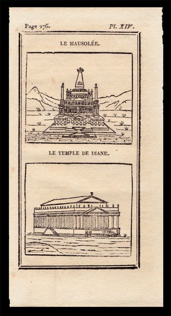 stampa antica con mausoleo d'alicarnasso e tempio di diana stampa antica con mausoleo d'alicarnasso