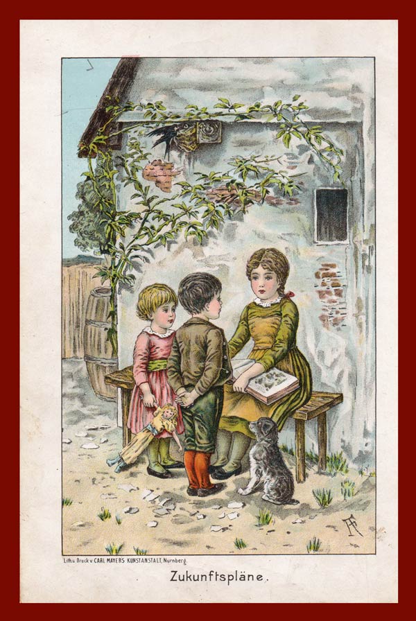 stampa antica bambini col cane