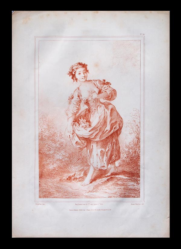 stampa antica giovane contadina boucher