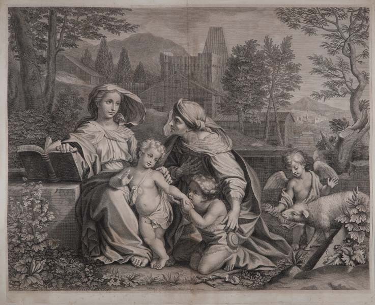 stampa antica vergine elisabetta bambinello giovannino